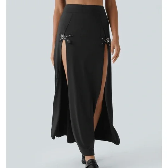 HALARA Black Maxi Skirt with Double Front Slits and buckle Accents - Picture 1 of 7